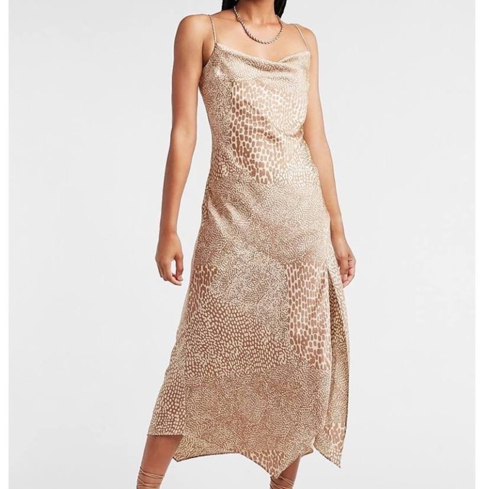 Express beige animal print slip dress.